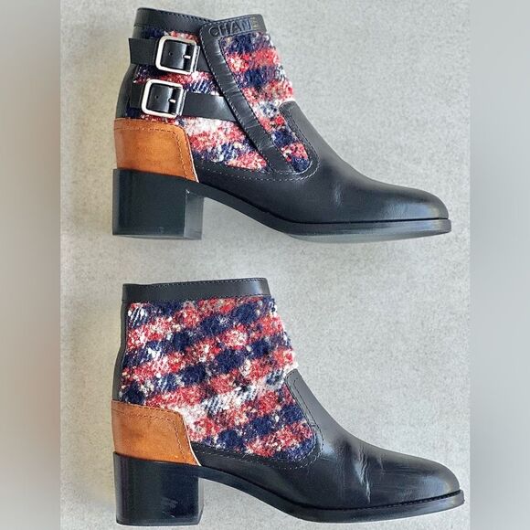CHANEL 2017 Lambskin & Tweed Pattern Ankle Black Boots Size 40 - Picture 6 of 14
